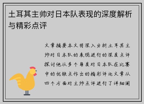 土耳其主帅对日本队表现的深度解析与精彩点评