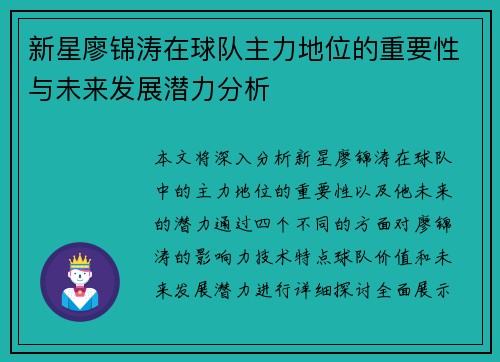 新星廖锦涛在球队主力地位的重要性与未来发展潜力分析